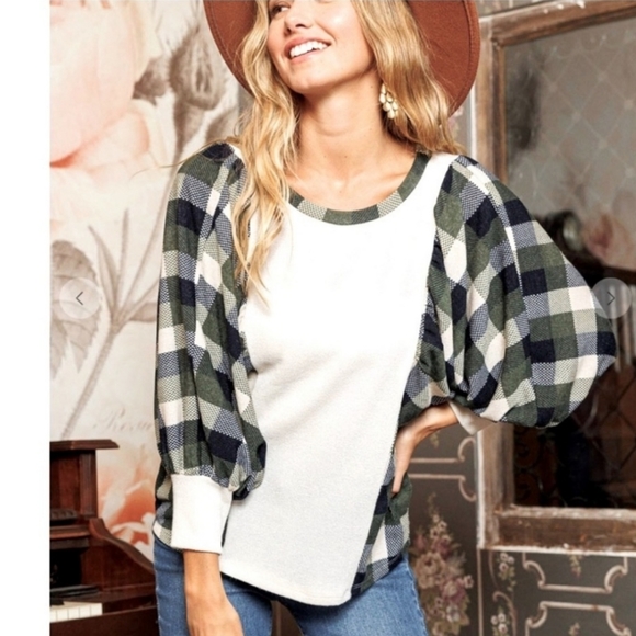 Boho Check Pattern Color Block Balloon Sleeve Top - Picture 4 of 4